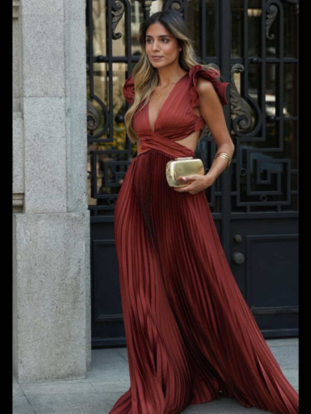 Wine Ruffle Shoulder V-Neck Pleated Dress